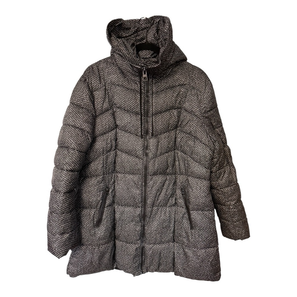 Guess LA Women’s Puffer Coat Jacket Hooded Black White Tweed Print Size XXL